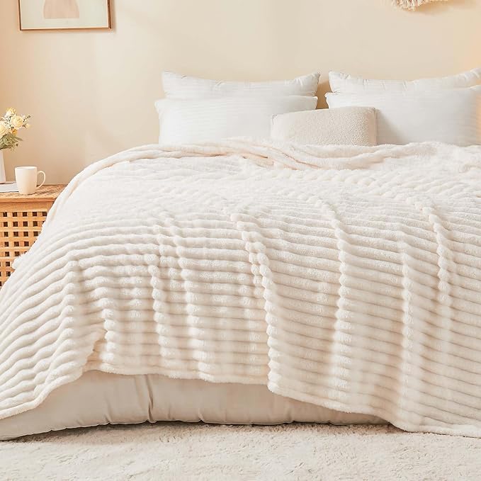 BEDELITE Ribbe Blankets Queen Size for Bed, Cream, 90"x90" | Ultra-Soft Plush Fleece, Warm Yet Lightweight, Ribbed Texture, Home Decor, Machine Washable, Giftable, All-Season Use
