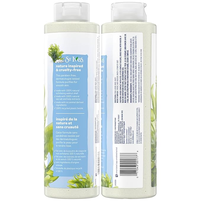 St. Ives Body Wash, Sea Salt & Pacific Kelp Exfoliating Shower Gel 2-Pack, 100% Natural Extracts, Cruelty-Free, 22 Oz Ea
