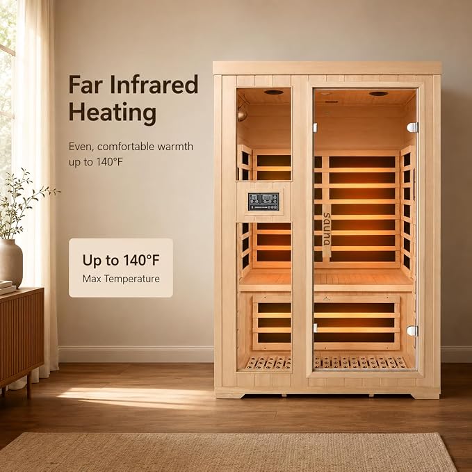 2-Person Infrared Sauna, Indoor Home Sauna Room Hemlock Wood Sauna Low EMF Far Infrared Heating with Tempered Glass Door Bluetooth Speakers, Chromotherapy Lights for Family（110V, 1850W）Truck delivery