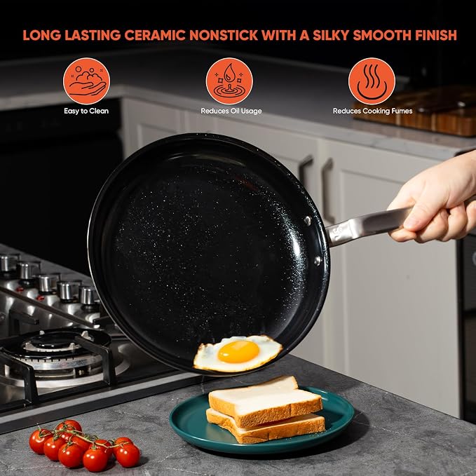 12 Inch 5-Ply Ceramic Nonstick Frying Pan | PTFE/PFOA/PFAS-Free, Oven Safe up to 650°F, Induction Ready, Easy to Clean, Even Heat, For Large Families