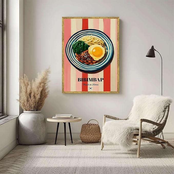 Bibimbap Poster Canvas Print Art Print Modern Korean Food Painting Trendy Kitchen Wall Art Home Decor Wall Decoration for Living Room Bar Apartment Pictures (Wood Framed,12L x 16W)