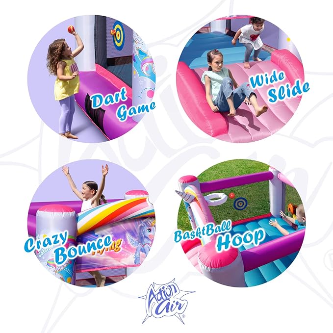 Action Air Bounce House, Princess Inflatable Bounce House with Blower, Pink Bouncy House for Girls, Flying Unicorn Theme Bouncy Castle, Durable Sewn and Extra Thick, Love for Kids