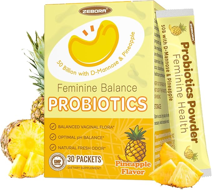 ZEBORA Probiotics for Women, Vaginal Probiotic Powder with 50 Billion CFU 16 Strain, Prebiotics, D-Mannose & Cranberry for Urinary Health, Digestive & Immune Support, Pineapple Flavor, 30 Packets