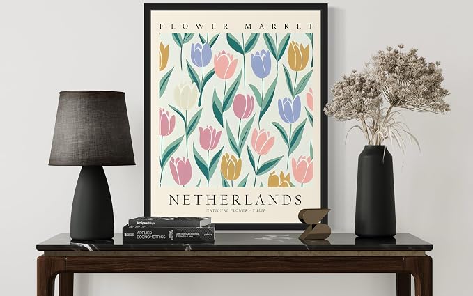 Netherlands, Tulip Black Framed Art Print Poster, Flower Market Wall Art, Floral Artwork Decor for Bedroom, Kitchen, Bathroom, Livingroom Decoration 52 (Netherlands, Tulip, 14"L x 11"W, Black Frame)