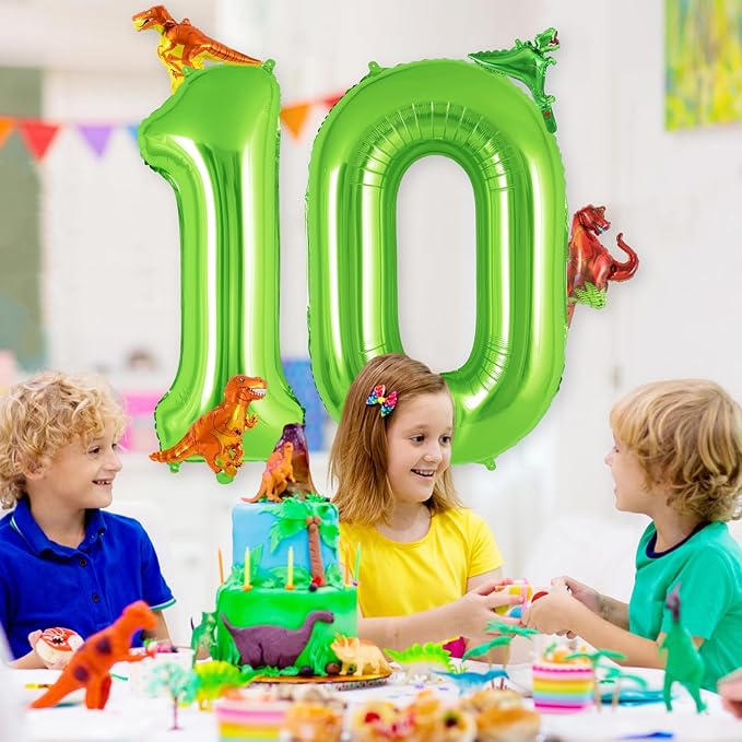 Dinosaur Green Number 0 Balloon, 40 Inch Big Large Foil Mylar Green Number Balloon with 4 Pcs Mini Dinosuar, Dinosuar Mylar Balloons Set Birthday Party Decorations Supplies