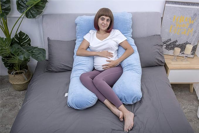 MOON PINE Pregnancy Pillow, U Shaped Full Body Pillow for Maternity Support, Sleeping Pillow with Cover for Pregnant Women (Blue)