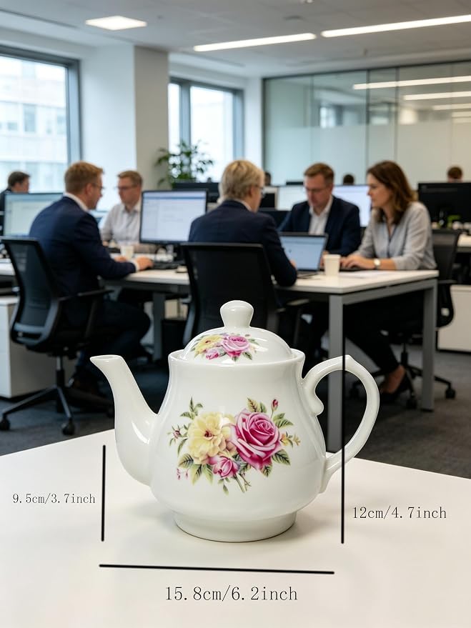 European Style Porcelain Teapot 400ml, Small Chinese White Teapot with Flowers Coffee Tea Water Pot Vintage Ceramic Litter Kettle (14oz)