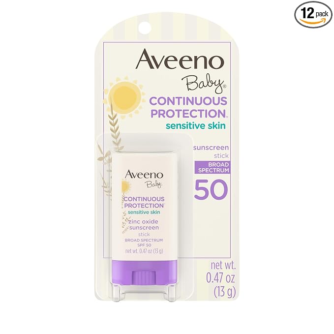 Aveeno Baby Continuous Protection Mineral Sunscreen Stick for Sensitive Skin with Broad Spectrum SPF 50 Protection for Face & Body, Naturally Sourced 100% Zinc Oxide, Travel Size, 0.47 oz (Pack of 12)