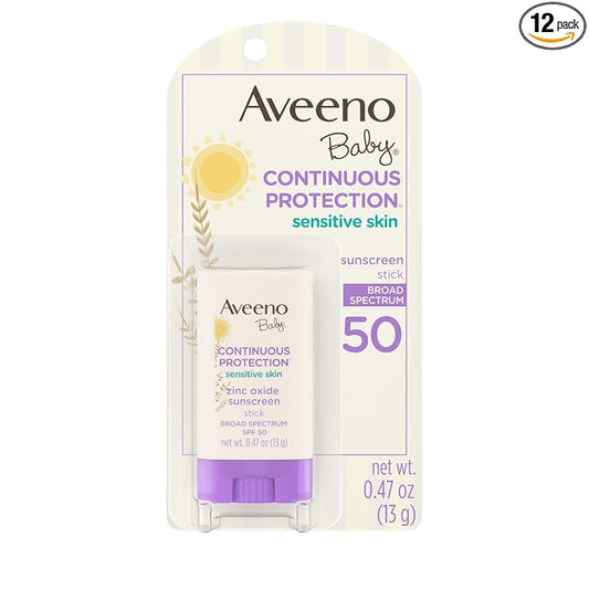 Aveeno Baby Continuous Protection Mineral Sunscreen Stick for Sensitive Skin with Broad Spectrum SPF 50 Protection for Face & Body, Naturally Sourced 100% Zinc Oxide, Travel Size, 0.47 oz (Pack of 12)