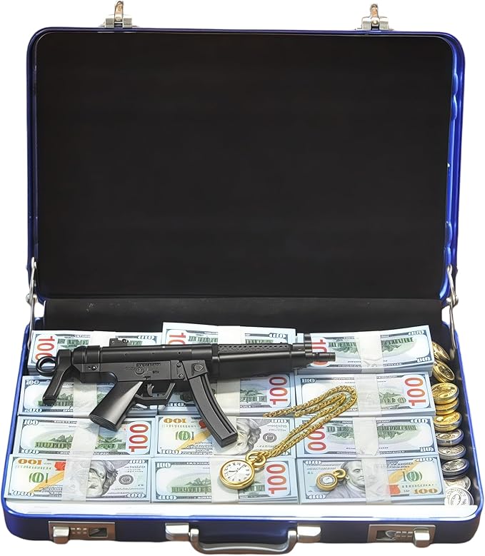 1:6 Scale Miniature Briefcase Set - Includes Fake Gold Bars, Bundles of $100 Mini Dollar Bills, Vintage Coins and Mini Weapons - Unique Adult NoveltyToy & Dollhouse Accessories (Blue)