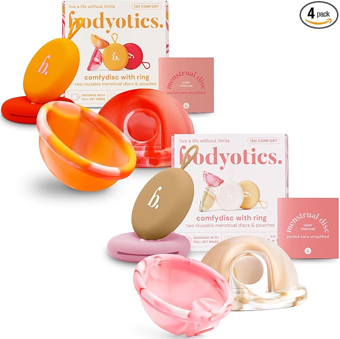 Bodyotics Reusable Menstrual Disc - 4 Pack Bundle, Red/Orange & Pink/Beige | Leak-Proof Alternative to Cups, Tampons & Pads for Light or Heavy Flow; Body-Safe Silicone with 12 Hour Wear