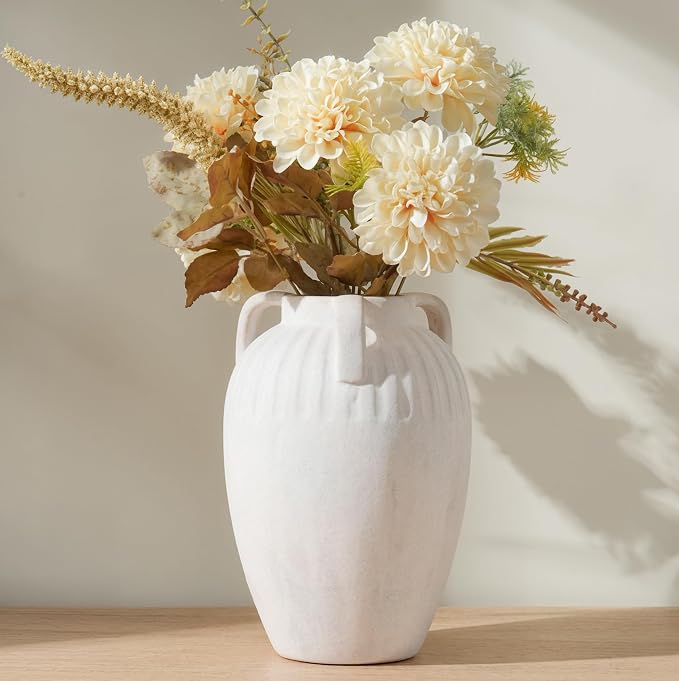 Ceramic Flower Vase with Handles, 8.86 inch Tall Ceramic Vase Home Decor Vintage Terracotta Rustic Vase for Bouquet Pottery Barn Decor Large Vases for Living Room Bathroom Modern Farmhouse, White
