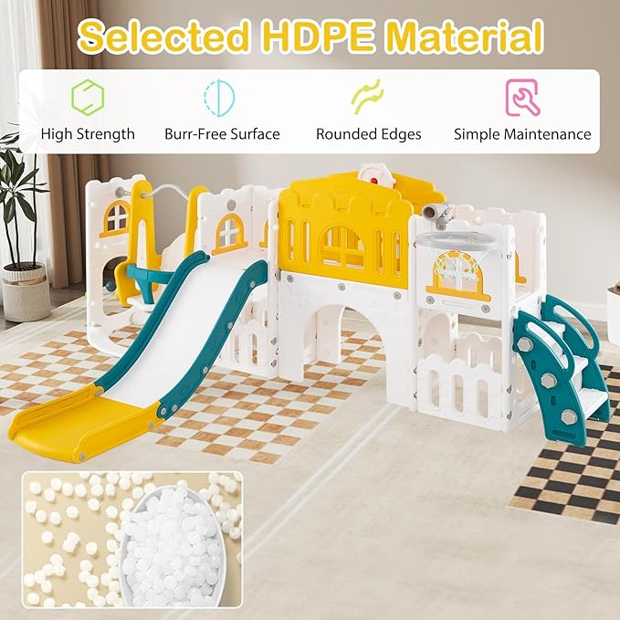 Costzon 10 in 1 Toddler Swing and Slide Set, Kids Slide and Climber Playset w/Aisle, Peek-a-Boo Window & Storage Space, Baby Indoor Playground for Aged 1+ (Yellow+Blue,100" × 59" × 40")
