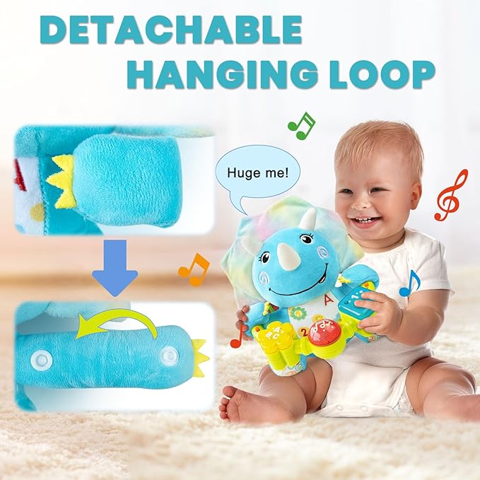 Baby Bilingual Musical Dinosaur Stuffed Animals Toys,Infant Early Learning Toy with Light-Up Music & Crinkle,Tummy Time Toys for 0 3 6 9 12+ Months for Baby Boy Girl Gift