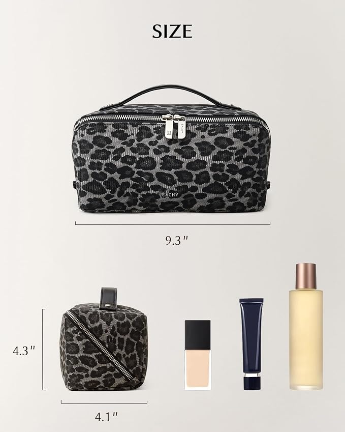 EACHY Travel Makeup Bag, Large Capacity Cosmetic Bag for Women, Waterproof PU Leather, Flat Open Portable Toiletry Bag for Skincare, Brushes & Travel Essentials