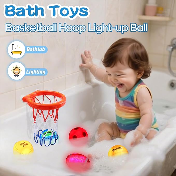 Light Up Bath Toys, Bathtub Basketball Hoop for Kids 1-3, Toddler Pool Water Table Toys 6-12-18 Months, Sensory Toys for Tub Pool Swimming Shower, Baby Bathtime for Boy Girl Birthday