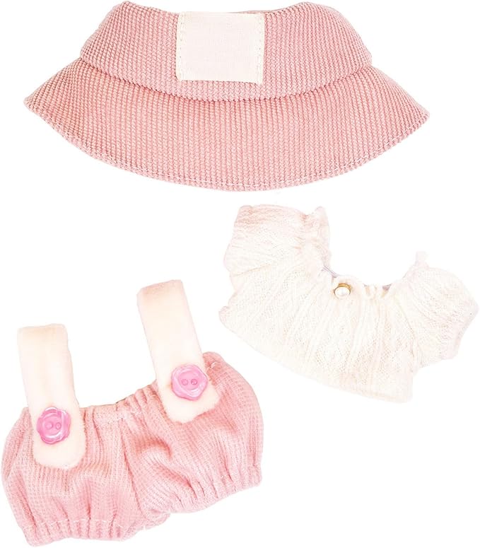3-Piece Set 17cm Doll Clothes Outfit Set for Kawaii Chic Style Set Miniature Clothing Set with Embroidery Details Outfit Accessories, White T-Shirt + Light Pink Romper + Pink Hat (NO Doll)