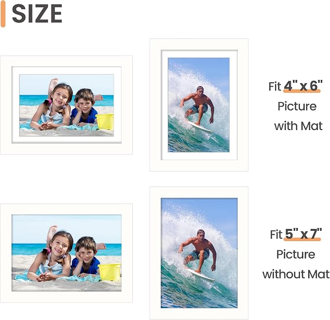 upsimples 5x7 Picture Frame, Display Pictures 4x6 with Mat or 5 x 7 Without, Wall Hanging Photo Frames, White, 1 Pack