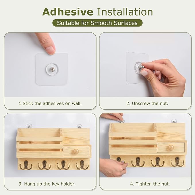 Key Holder Wall Mount, Wooden Key and Mail Organizer, Natural | 2 Mount Options, Includes 8 Hooks, Fence Mail Slot, Small Drawer and Shelf, for Entryway, Hallway, Doorway, Living Room, RV