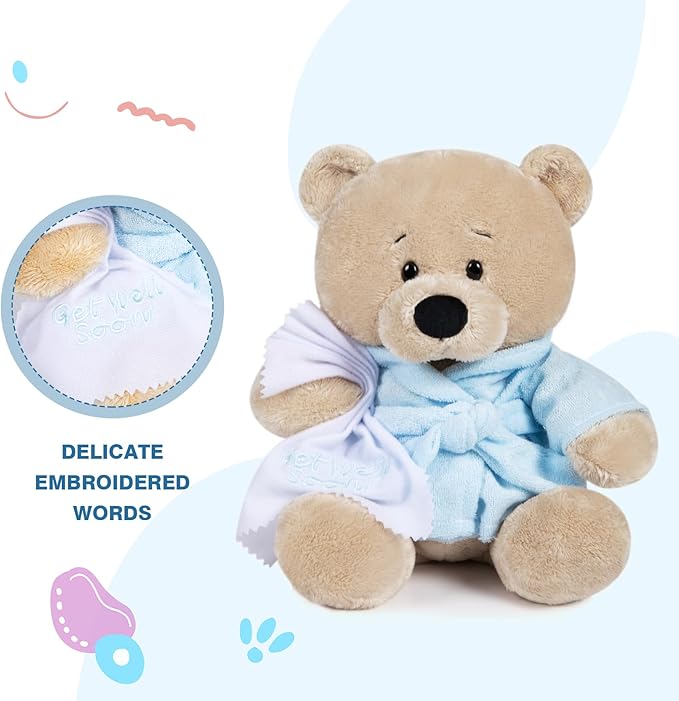My OLi 9" Teddy Bears Cloth Bear Stuffed Animal Plush Toys Bear Dressed in Bathrobe with Soothing Towel “Get Well Soon” Sleeping Soft Toy Bedtime Gifts for Baby Kids Girls Boys，Blue