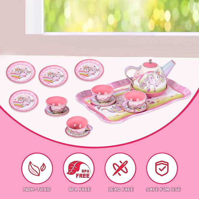 Unicorn Tea Party Set for Little Girls Ages 3-6, 15-Piece Pretend Play Kitchen Toys with Teapot, Cups, Plates & Storage Case, Princess Gift Set