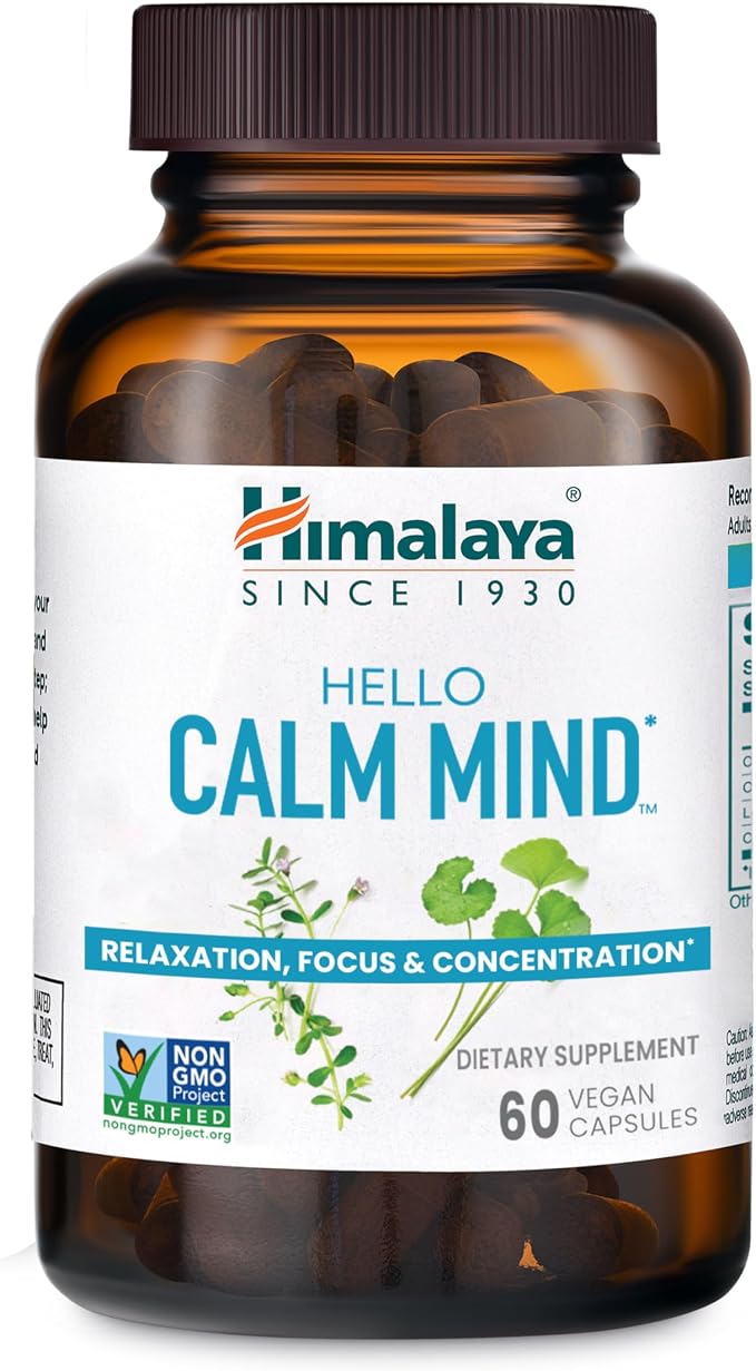 Himalaya Hello Calm Mind Herbal Supplement, with Bacopa, L-Theanine, Gotu Kola, Supports Concentration & Focus, Cognitive Function, Clear Thinking, Relaxation, Vegan, Gluten Free, 60 Capsules