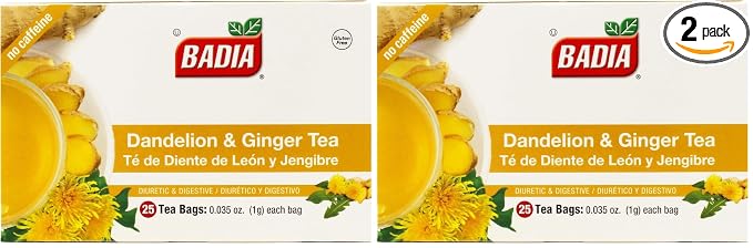 Badia Dandelion & Ginger Tea, 25 Bags – Herbal Detox Blend for Digestive Support and Liver Health (Pack of 2)