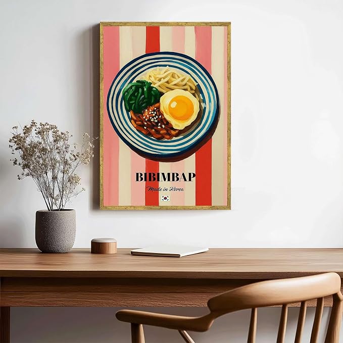 Bibimbap Poster Canvas Print Art Print Modern Korean Food Painting Trendy Kitchen Wall Art Home Decor Wall Decoration for Living Room Bar Apartment Pictures (Wood Framed,12L x 16W)