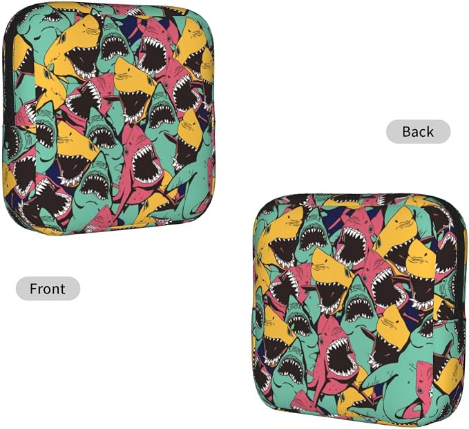 Cartoon Angry Shark Biting Period Bag For Women,Portable Sanitary Napkin Period Pad Pouch For Purse, Small Make Up Bags