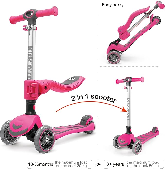 Kicknroll 3-Wheel Scooter for Kids Ages 3-12 with Light-Up Wheels, Folding Design, Adjustable Height, Extra Wide Deck (110 lbs Max)
