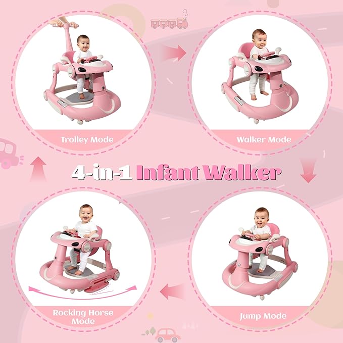 Baby Walker, 4-in-1 Baby Walker with Wheels Portable, Foldable Infant Toddler Walker for Boys Girls 6-18 Month,Removable Footrest,Car Steering Wheel & Music, Adjustable Push Walker Pink