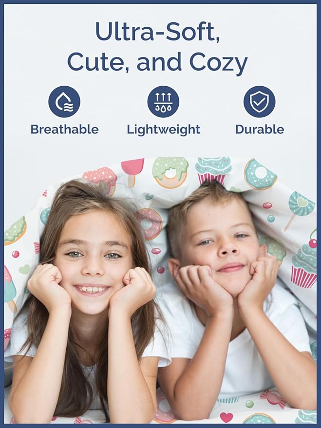 Kids Queen Size Bed Sheet Set - 4 Piece Kids Loft Bed Sheets - Sweets Cupcake Pattern Bedding - Soft, Cute and Cozy - Breathable & Machine Washable - Lollipop Bed Set for Boys, Girls, Teens & Toddlers