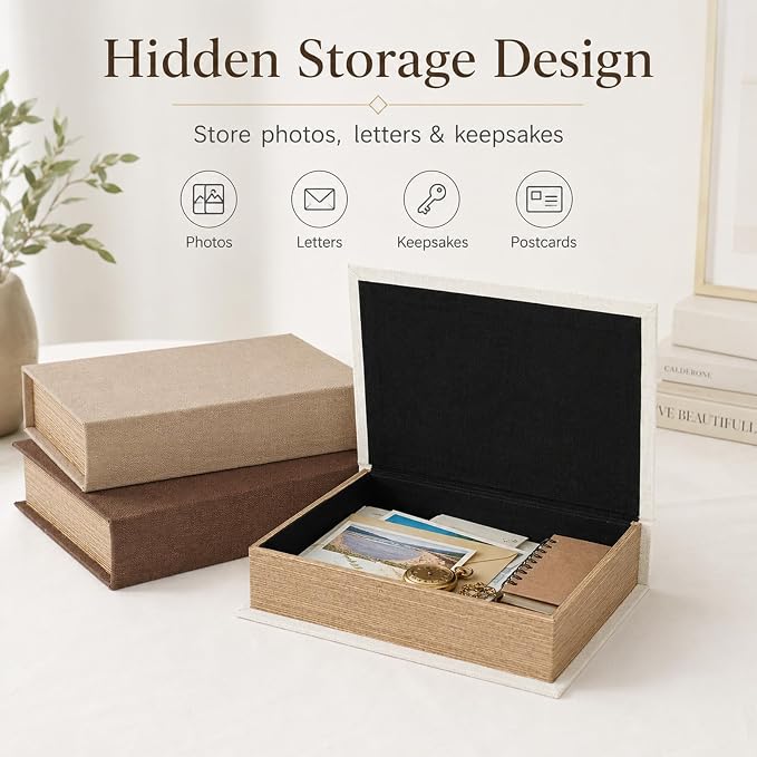 Decorative Linen Faux Book Storage Box Neutral Decorative Book Accent,12" | Vintage book style, faux linen texture, hidden storage, shelf decoration, farmhouse home decor, office organization