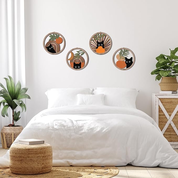 HPNIUB Abstract Mid Century Boho Black Cat Wall Decor-4 Pieces 10''x10'' | Farmhouse Geometric Hanging Wooden Wall Art,Bohemian Moon and Sun Wood Sign for Nursery Bedroom Decoration, Lovely Cat Gifts
