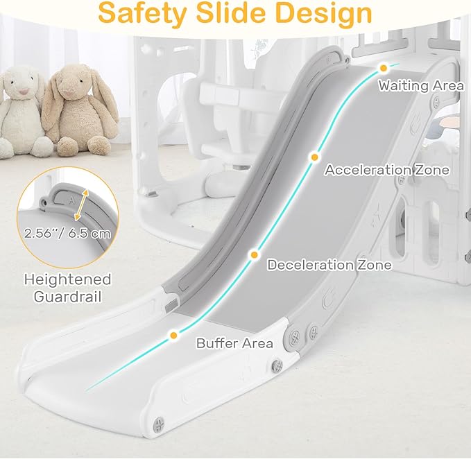 OLAKIDS Toddler Slide and Swing Set, 7 in 1 Kids Indoor Outdoor Playground with Climber Basketball Hoop Telescope Toy Storage for Boys Girls Aged 1+ (Grey)