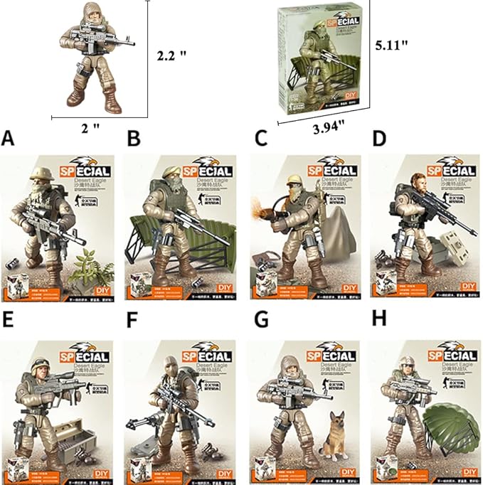 Special Forces Mini Military Action Figure with Weapons and Accessories Building Blocks Playset, 8 PCS 1:36 Scale Army Men Figure, Multiple Movable Joints, Best Gift for Kids 8 9 10