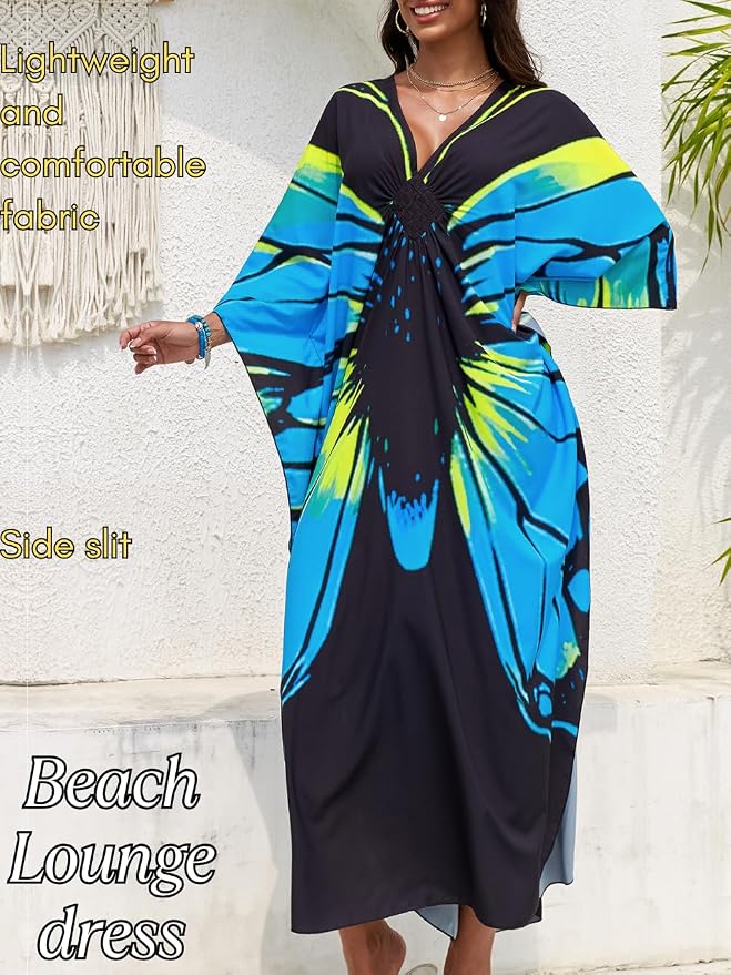 ChiaoLezhee Print Moo-Moos for Women, Kaftan Cover-Up Dresses, Sexy V-Neck High-Slit, Beach Pool-Party Coverups Muumuu Plus