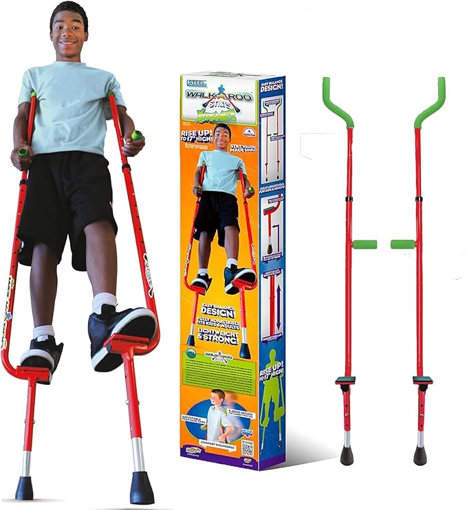 Geospace Adjustable Walkaroo Xtreme Steel Stilts for Kids - Indoor/Outdoor Play, Exercise, Steel Stilts for Adults- Up to 250 lbs, Height Adjustable Walking Stilts, Kids Stilts - Red