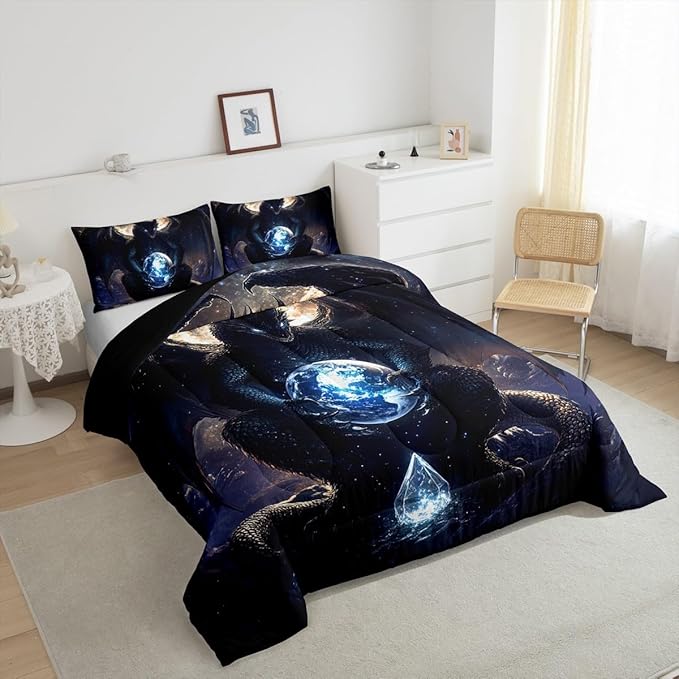 Feelyou Dragon Comforter Set Toddler Size Dragon Stuff Comforter for Boys Girls Teens Wild Life Bedding Set Dragon Decor Duvet Set Room Decor Black Quilt Set