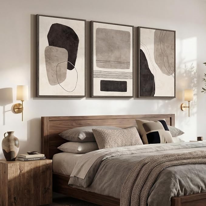 Large Framed Neutral Abstract Wall Art for Living Room, 3 Piece Black and White Canvas Prints Paintings Artwork for Walls, Modern Minimalist Pictures Wall Decor for Bedroom Dining Room Office 24x36 In