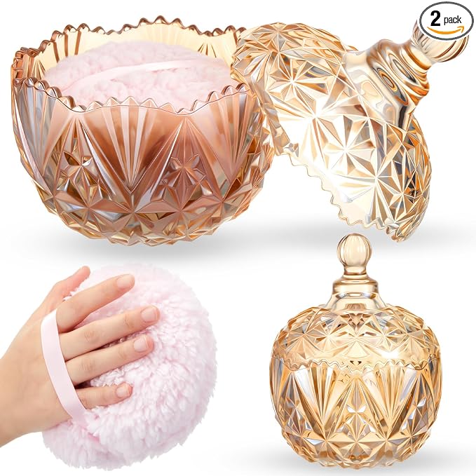 Tioncy 2 Pcs Extra Large Dusting Powder Puff and Container for Women-6'' Glass Crystal Dusting Powder Container with Body Soft Washable Reusable Velour Face(Amber,Crown)