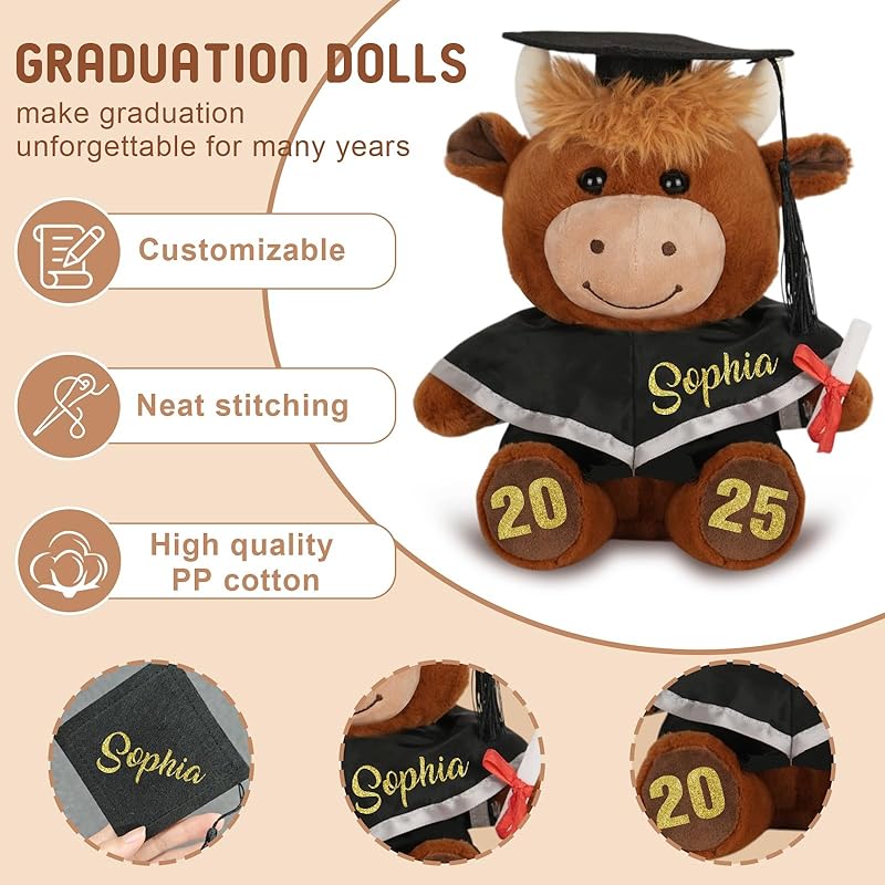 Custom Graduation Highland Cow with Name Date, Personalized 2025 Graduation Stuffed Animal for Kids Students, Cute Pre K Kindergarten High School College Grad Gift for Him/Her
