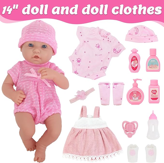 UNICORN ELEMENT 14 Inch Reborn Baby Girl Doll with Baby Doll Clothes and Accessories, Reborn Vinyl Body 14” Dolls Playsets, with Pacifier, Feeding Bottle Etc,Gift for Girls Toddlers 3+
