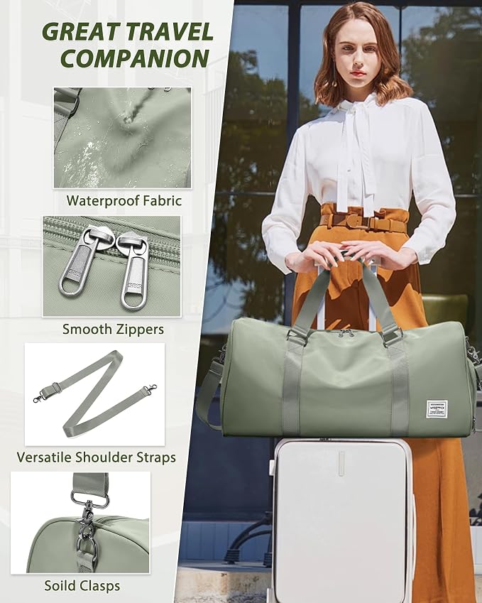 Travel Duffle Bag,Weekender Overnight Bags for Women with Shoes Compartment,Tote Gym Bag Personal Item Carry On Bag for Travel Business Trips Sport Hospital Dance Grey Green