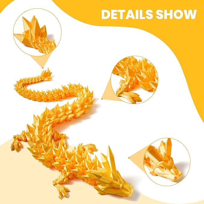 30'' 3D Printed Dragon - 3D Printed Toys, Articulated Crystal Dragon Large Rainbow Animal Fidget Toy for Kids, Decor Huge Dragons Collectible Figurines(Silk Gold,30inch)