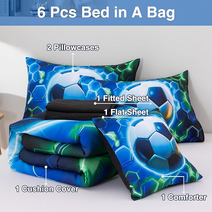 A Nice Night Twin Size 6 Pieces Football Comforter Set for Boys Girls Kids Geometric Lightweight Bedding Sets Bed in A Bag for All Seasons,Bluegreen