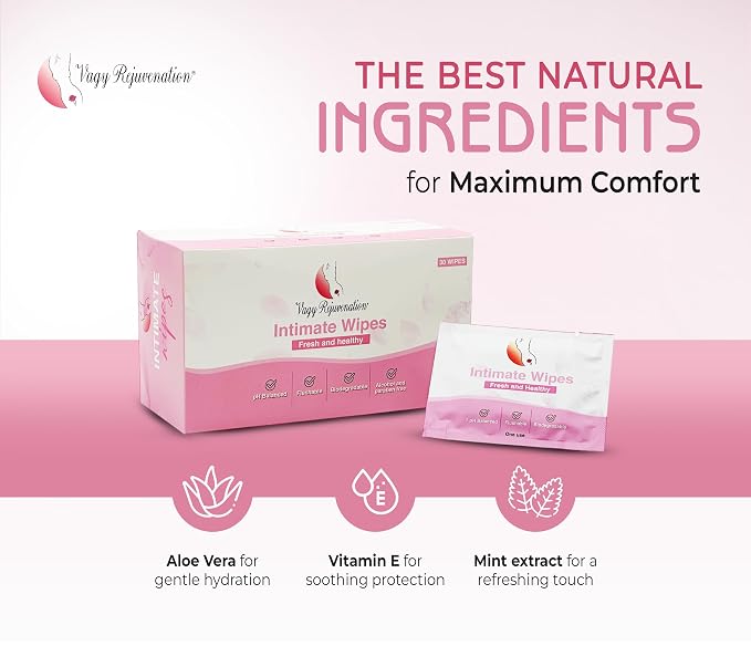 Vagy Rejuvenation Intimate Feminine Wipes – Hypoallergenic Wipes for Women with Aloe & Vitamin E – pH-Balanced, Biodegradable, Travel-Friendly – Feminine Hygiene Post-Workout & Daily Use (30 Count)