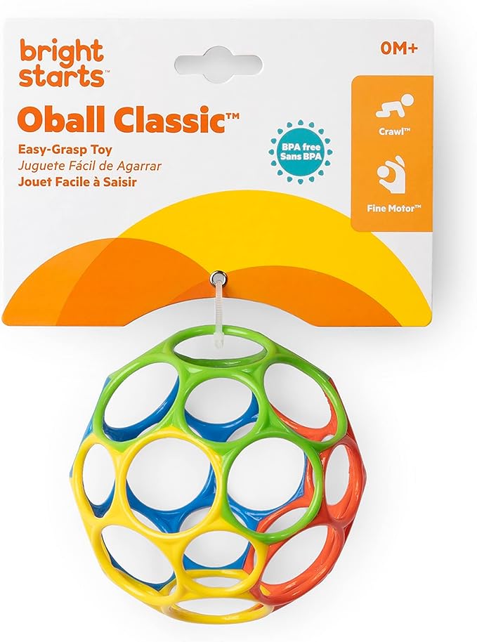 Bright Starts Oball Easy Grasp Classic Ball BPA-Free Infant Toy in Red, Yellow, Green, Blue, Age Newborn and up, 4 Inches