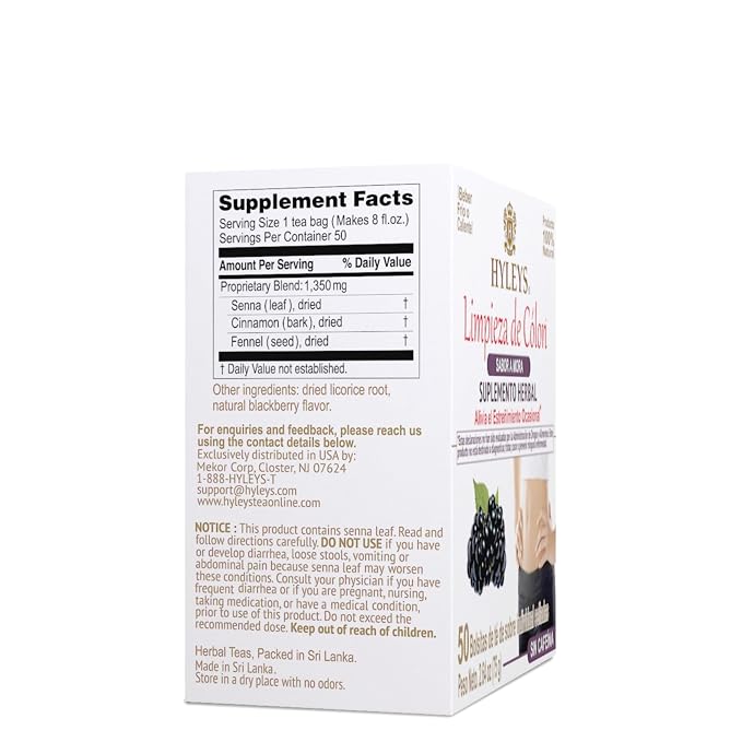 HYLEYS Colon Cleanse Tea, Blackberry Flavor - 300 Individually Wrapped Tea Bags (6 Pack of 50) - Caffeine Free, Gluten Free - Herbal Supplement