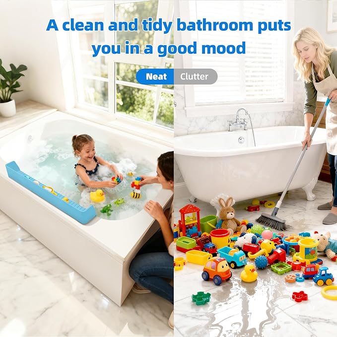 Extended Super Long Kids Bathtub Splash Guard - 32 Inch Food-Grade Silicone, 11 Strong Suction Cups, Toy Tray Caddy & Bath Toy Storage, No Spill Barrier (Blue)